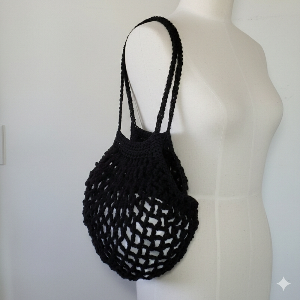 Handmade Black Net Bag Farmers Market Crochet French Sack Cotton Grocery